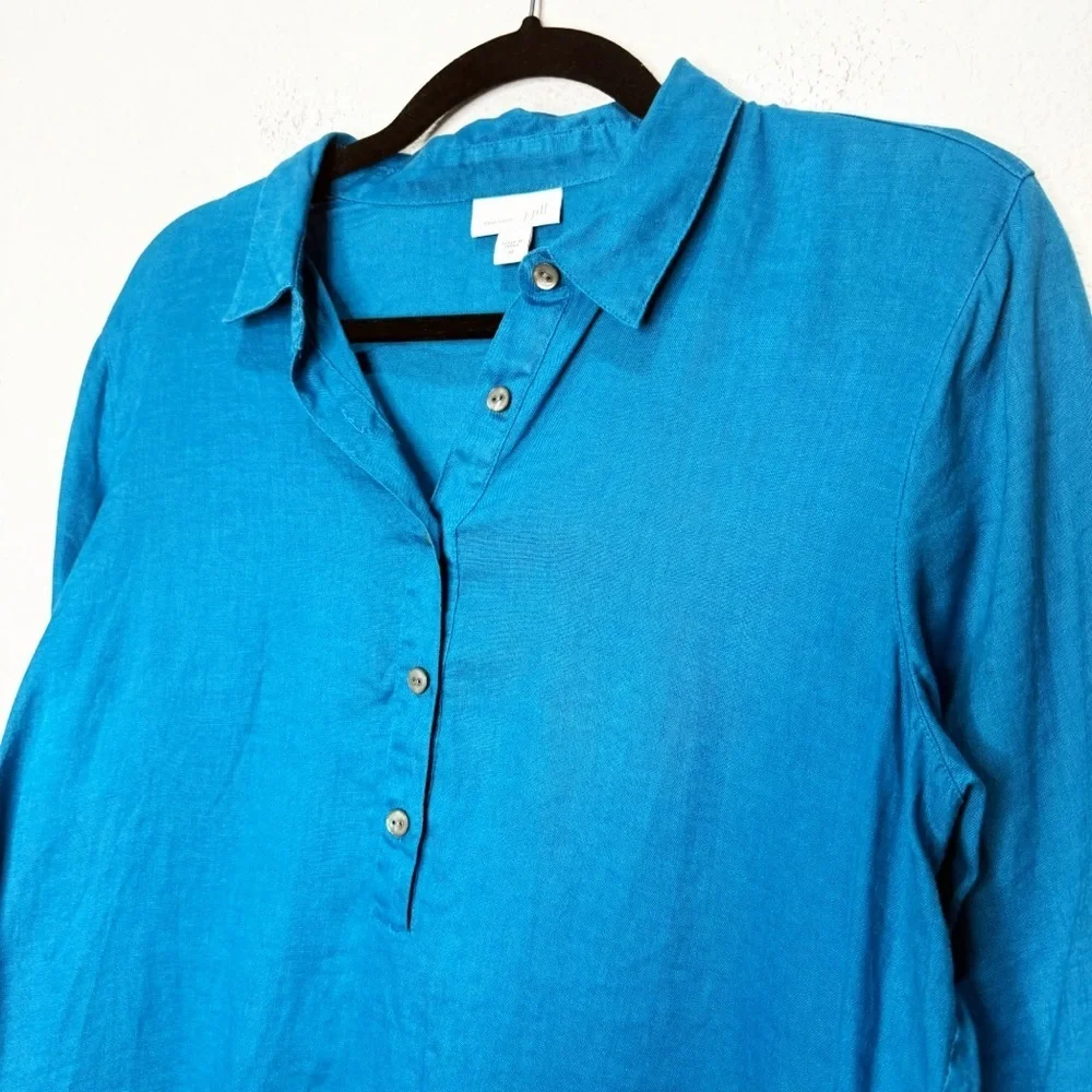 J. Jill Love Linen Tahitian Teal Popover Button Tunic Top Blouse - Picture 3 of 10